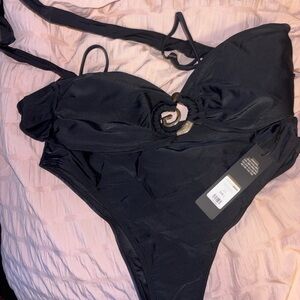 Fashion Nova Black One-Piece Bikini with Gold Ring Detail